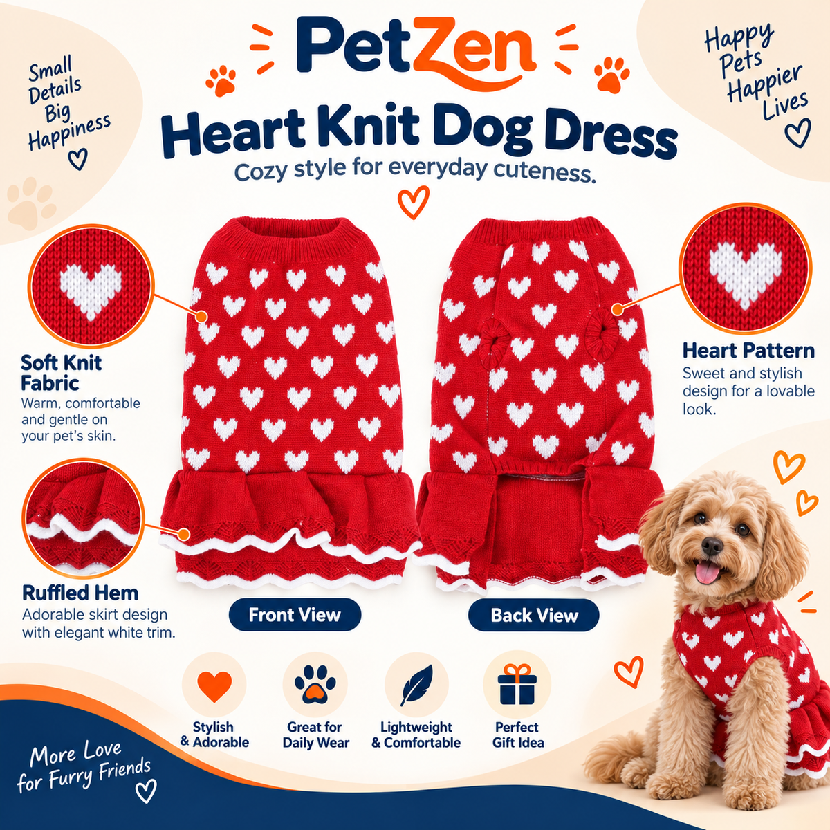 PetZen™ Heart Knit Dog Sweater Dress