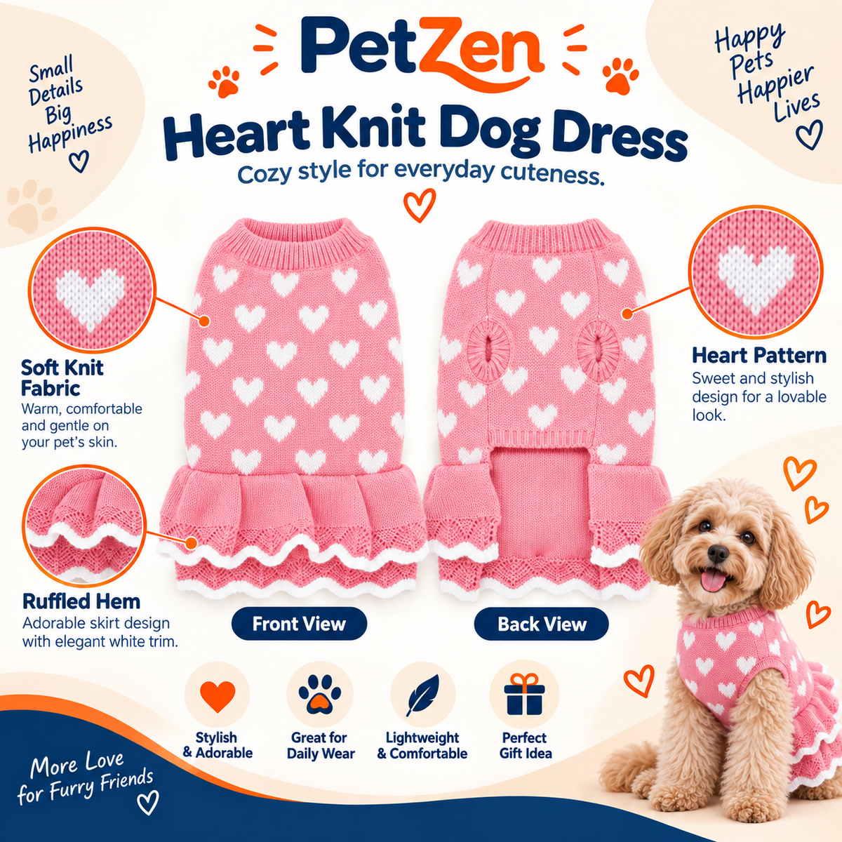 PetZen™ Heart Knit Dog Sweater Dress